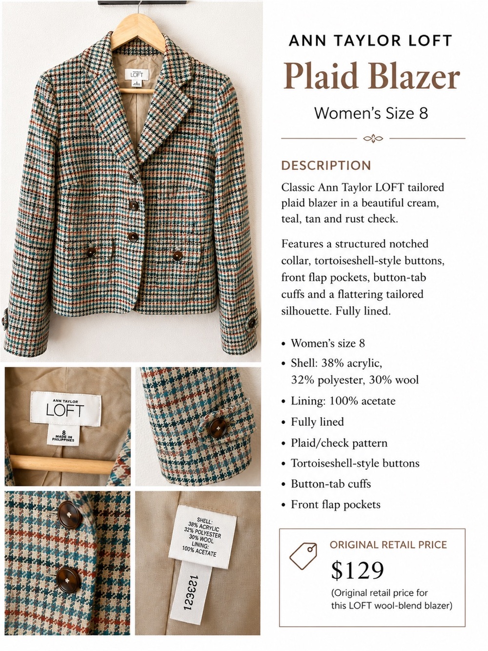 Ann Taylor LOFT Plaid Wool Blend Blazer Jacket – Women’s Size 8